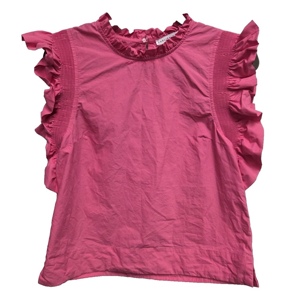 English Factory Ruffle Short Sleeve Poplin Tunic Top Smocked Pink  Womens Small‎